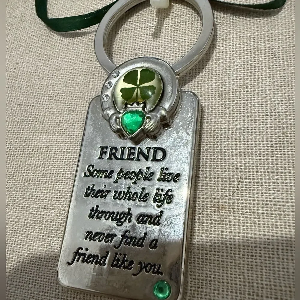 Lucky Irish Friend Keychain with Real Four Leaf Clover & Green Gemstones